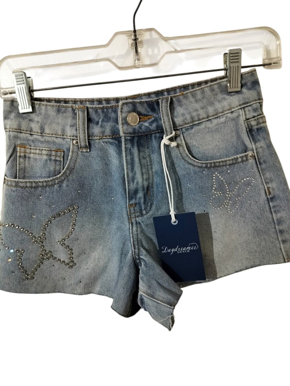 6014)Daydreamer Lightwash Denim Butterfly Rhinestone Jean Shorts Sz 00-23 Waist